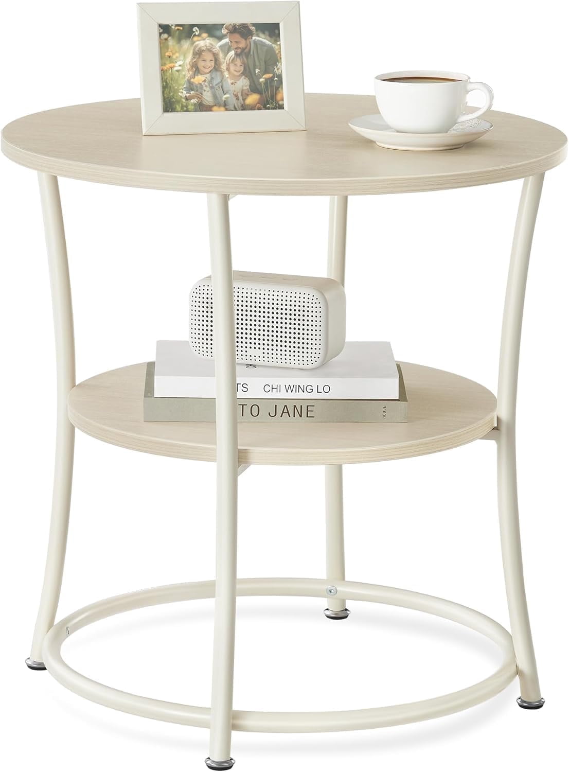 VASAGLE 21.7-Inch Round Side Table, 2-Tier End Table, Nightstand with Steel Frame, Spacious Top, for Small Spaces, Living Room, Bedroom, Natural Beige