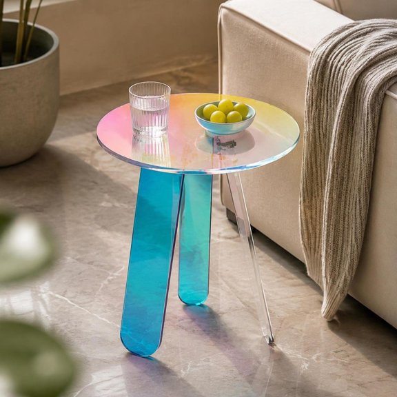 Side Table, Round Iridescent Acrylic, Clear End Table for Living Room, Bedroom, Study
