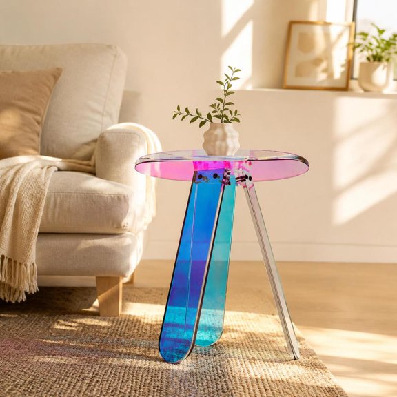 Side Table, Round Iridescent Acrylic, Suitable for Living Room, Bedroom, Study