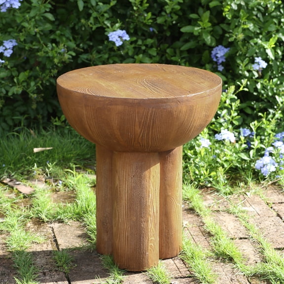 Side Table, Round Magnesium Oxide Outdoor Table with Wood-Grain Texture, Weather-Resistant Three-Legged Accent Table for Garden, Patio, and Living Room, Matte Brown Finish