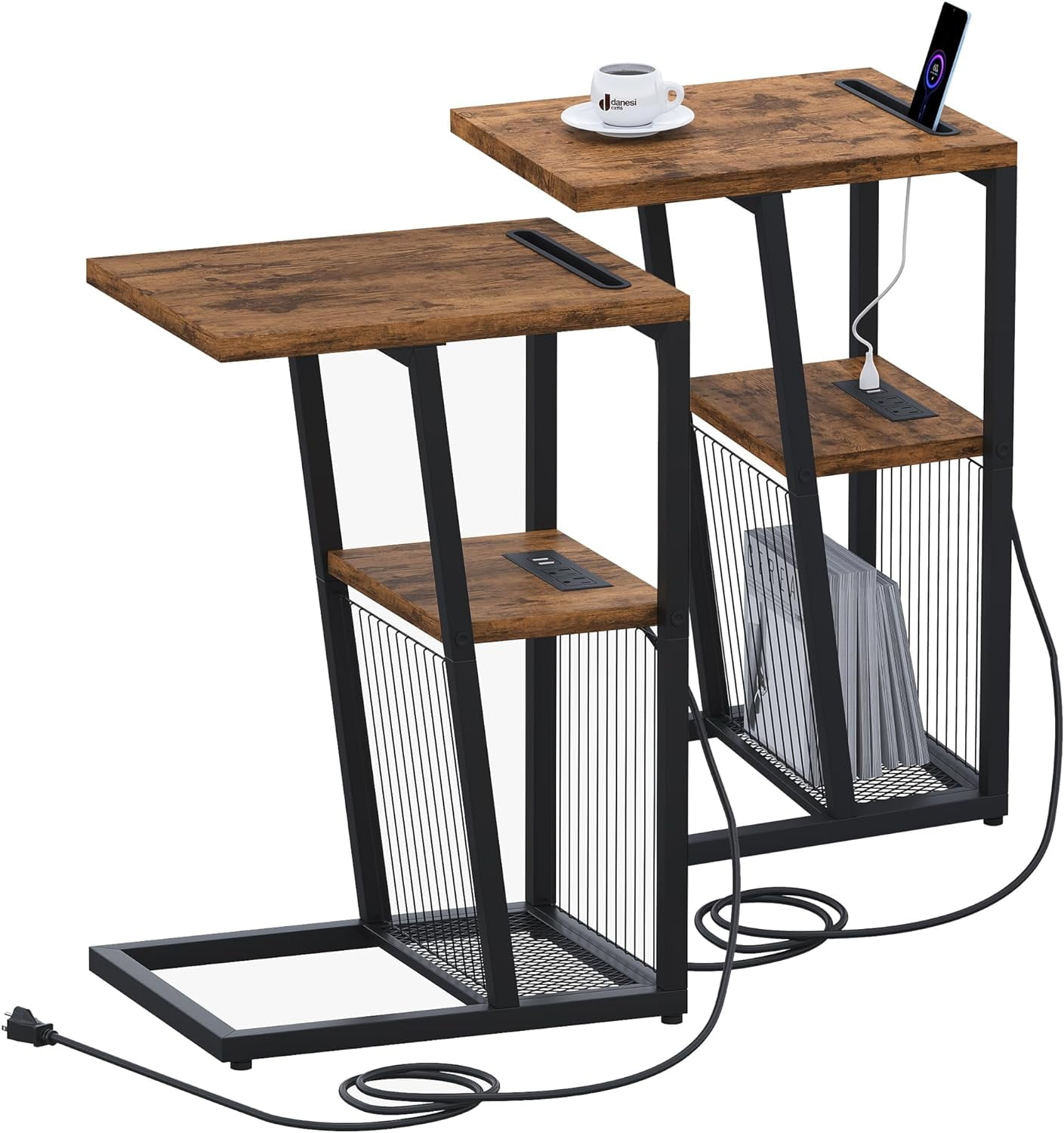 YITAHOME Side Table, Bedside Table With Storage Cabinet, X-Shaped Sofa End Table With Charging Station, 2 USB Ports & Power Outlets, Living Room Coffee Table, Metal Frame, Bedroom, Grey, 40x35x60cm - View #4
