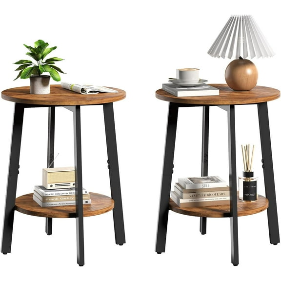Side Table Set of 2, Small Round End Table with Storage Shelf for Small Space, 2-Tier Black Bedside Table Sofa Couch Table, Nighstands Set of 2 Accent Table for Living Room, Bedroom