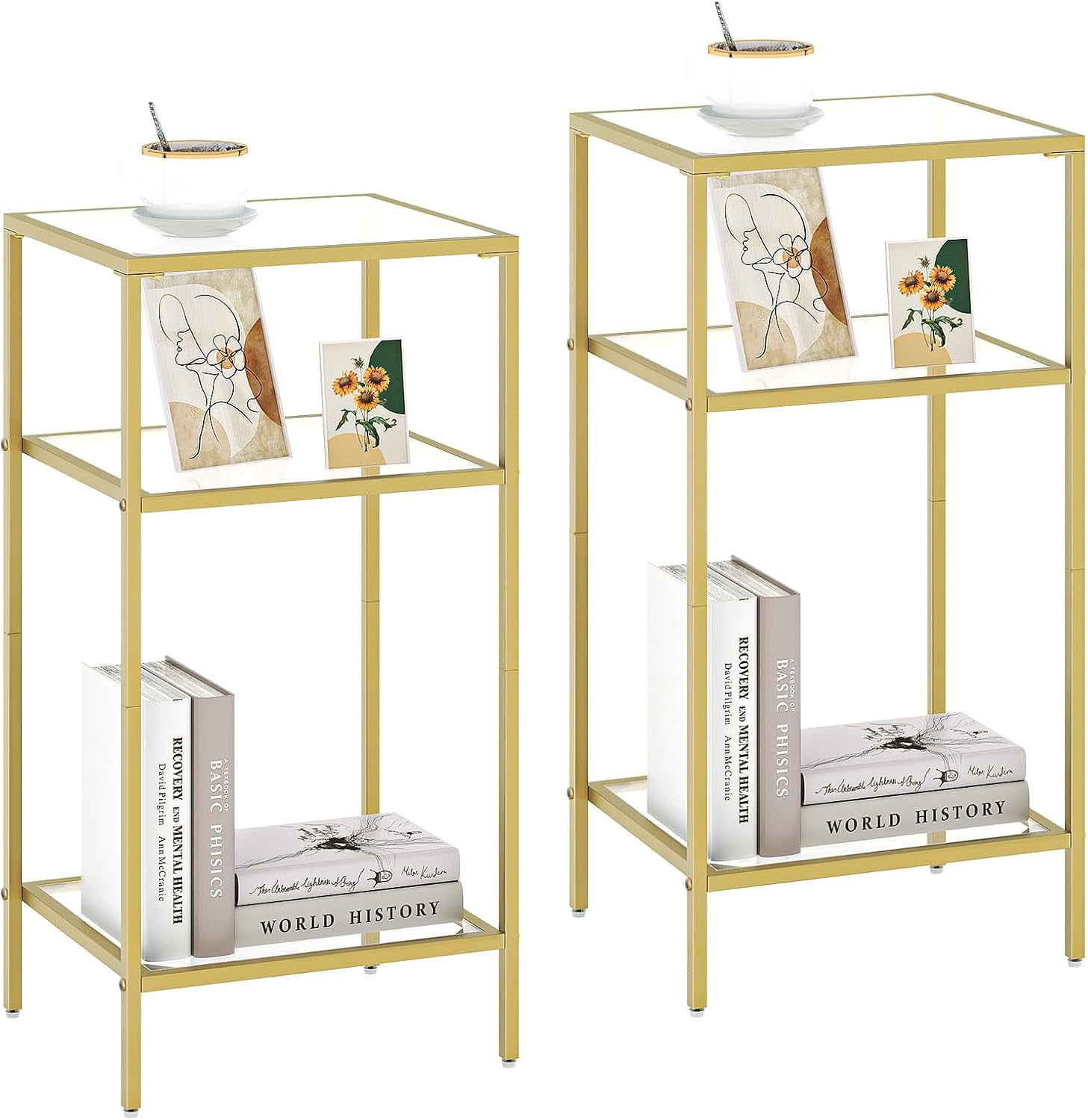 Golden Metal and Glass 3-Tier Side Tables Set