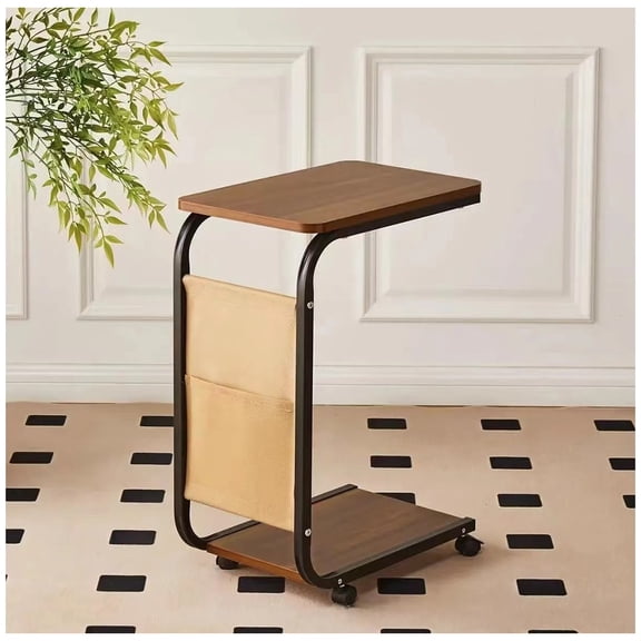 Side Table Shelf Organizer with Wheels, Removable Corner Coffee Table Storage Cart Bedside Tables Sofa Side Table Solid Wood Small House Sideboard Living Room Flower Stand