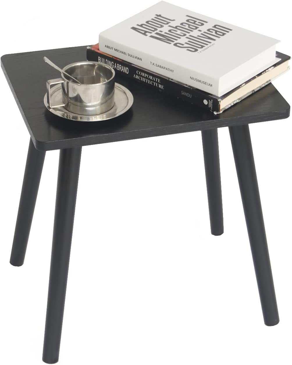 Black Rectangular Solid Wood Side Table with Natural Legs