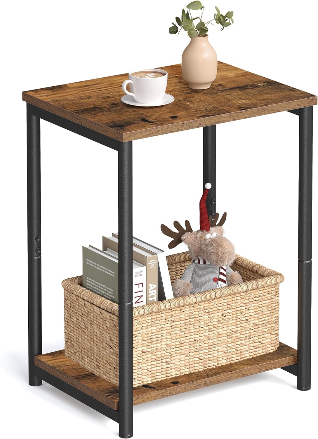 Rustic Brown and Black Metal Frame Wood Side Table
