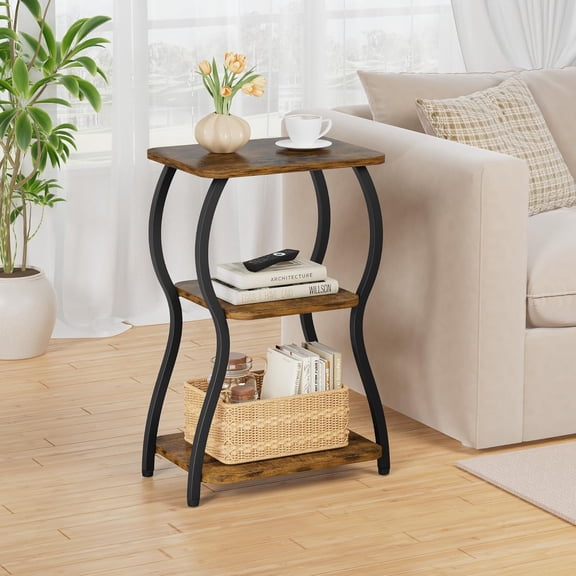 Side Table, Small End Table for Small Spaces, 3-Tier Tall Nightstand Sofa Corner Accent Table Coffee Table with Storage Shelf for Living Room, Bedroom, Patio, Home Decor, Rustic Brown
