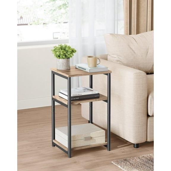 3-Tier Industrial End Table - Compact Space-Saving Design with 44lb Capacity per Shelf, Camel Brown & Matte Black