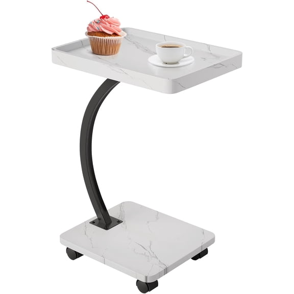 Side Table, Small End Table with Wheels, Nightstand with 2-Layer Storage Shelves, Sofa Table for Small Spaces, Living Room, Bedroom, White