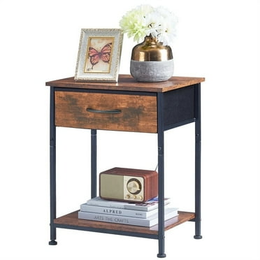 Side Table Small Nightstand with Drawer Rustic Brown Wood Grain Print