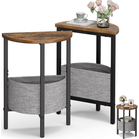 Side Table, Small Round End Table with Fabric Basket, Set of 2 Half Round Side Table Half Moon Tables, Accent Coffee Table, Tea Sofa Tables Nightstand for Living Room Bedroom Small Space