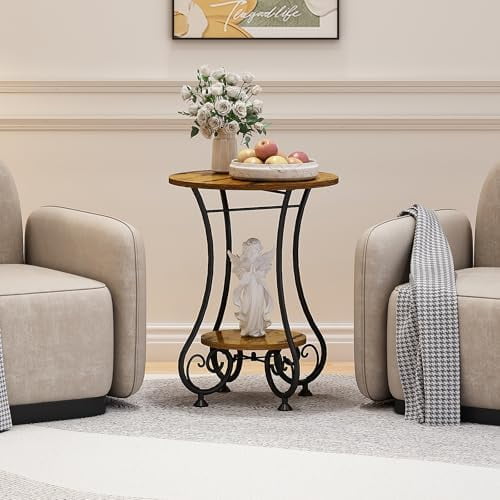 Side Table,Small Round End Table with Lower Shelf for Small Spaces, Portable Couch Sofa Coffee Table,Bedside Nightstand Table with Metal Frame,Retro Accent Drink Table for Living Room Bedroom Balcony