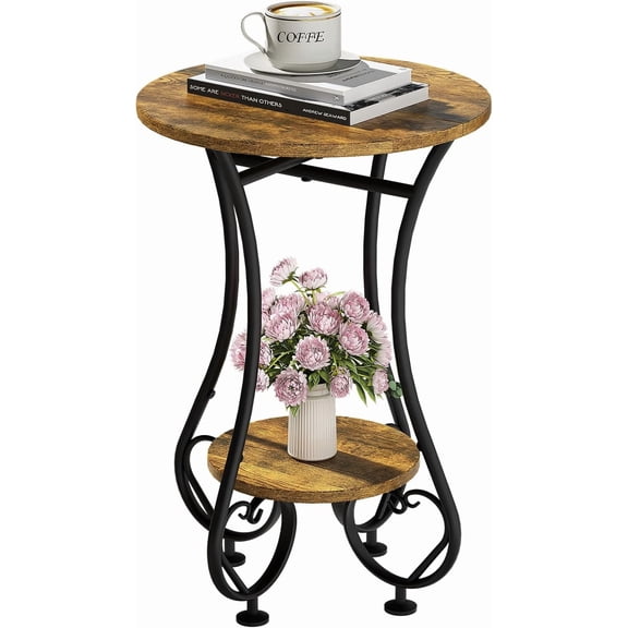 Side Table,Small Round End Table with Lower Shelf for Small Spaces,Round Bedside Nightstand Table with Metal Frame,Couch Sofa Coffee Tea Table,Retro Accent Drink Table for Living Room Bedroom Balcony