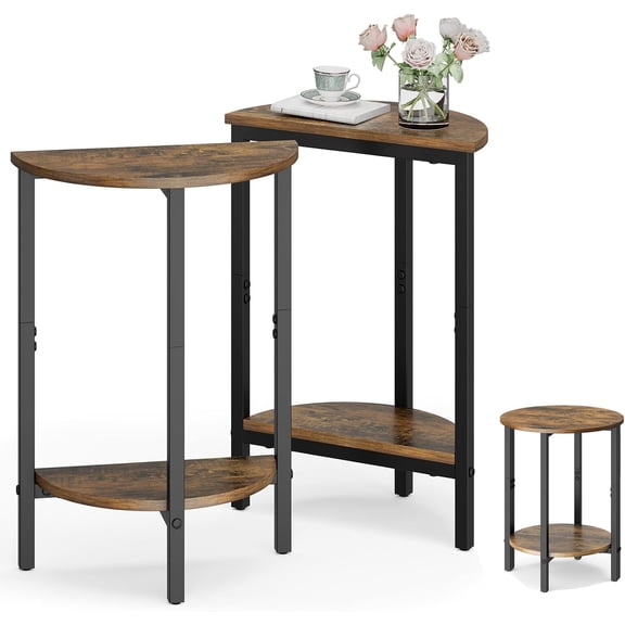Side Table, Small Round End Table, Set of 2 Half Round Side Table for Living Room, 2 Tier Small Couch Side Tables, Round Coffee Table, Thin Accent Sofa Table Narrow Entryway Table, Brown
