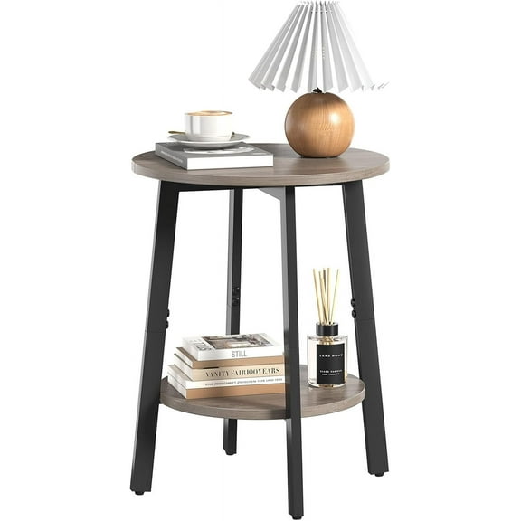 Side Table, Small Round End Table with Storage Shelf for Small Space, 2-Tier Bedside Table Sofa Couch Table, Round Accent Table Nighstands for Living Room, Bedroom, Grey