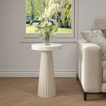Side Table, Small Round End Table with Fluted Accent, Mid-Century Modern Nightstand for Small Space Living Room, Bedroom