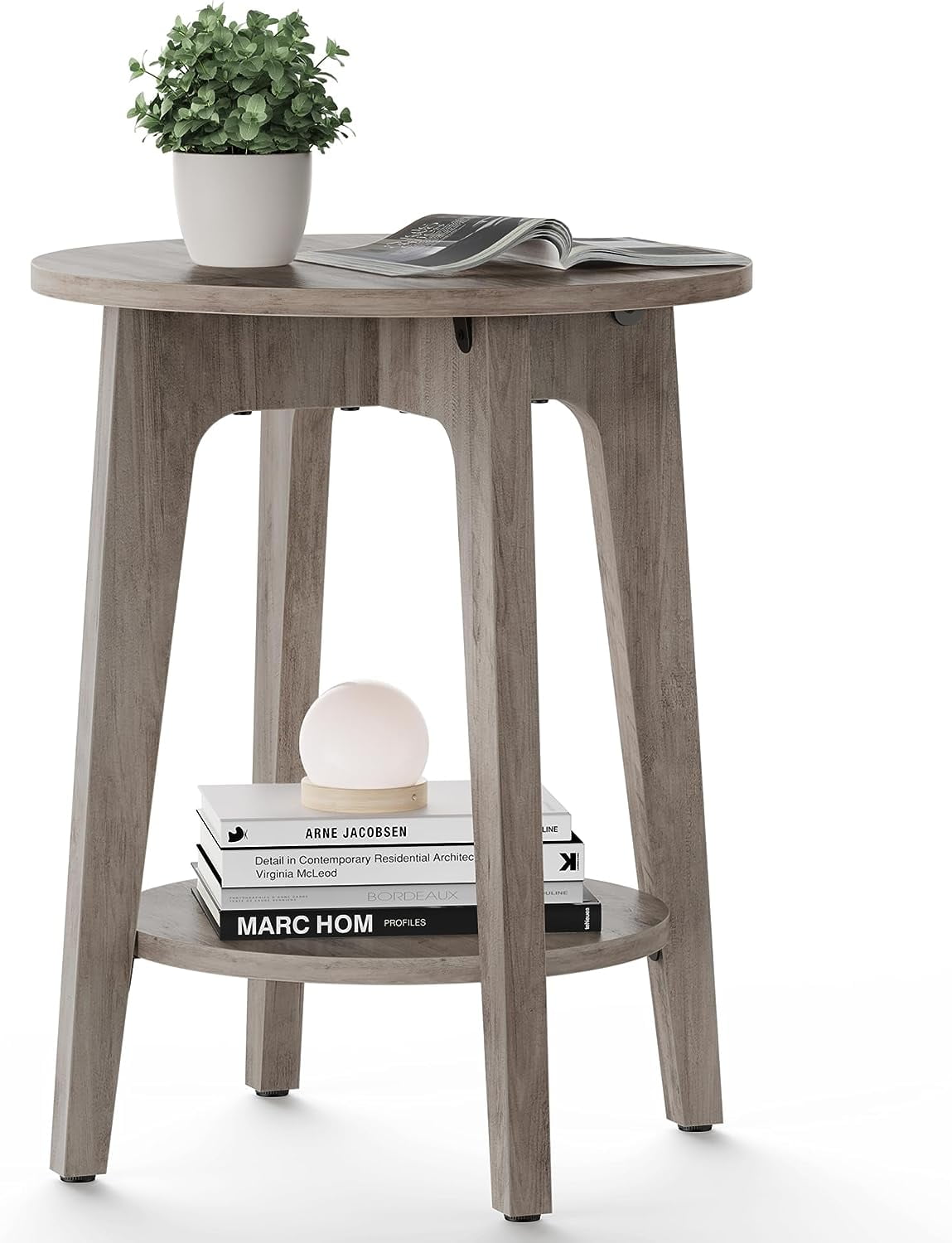 Charcoal Gray Round Particleboard Side Table with Lower Shelf