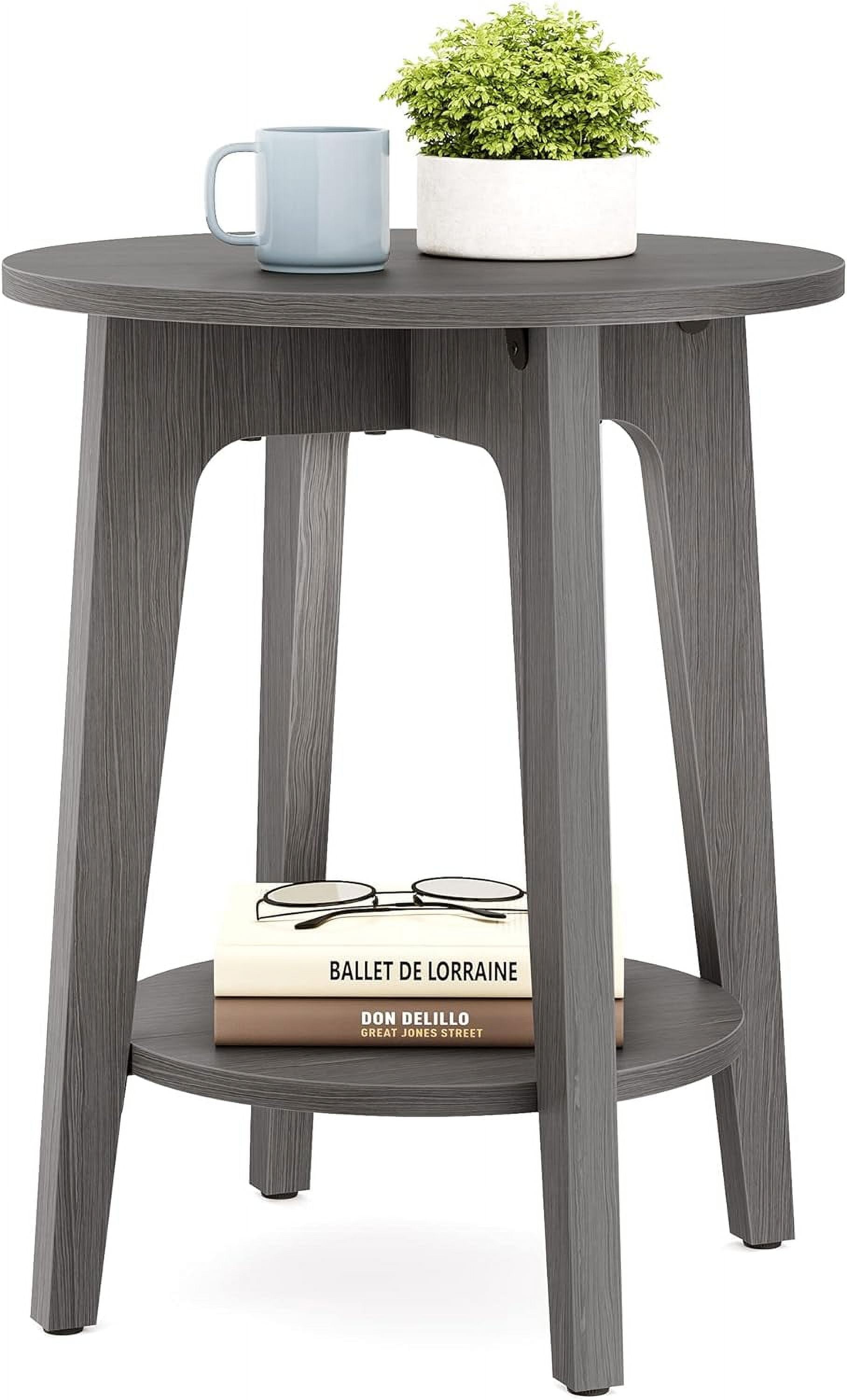 Charcoal Gray Round Particleboard Side Table with Lower Shelf