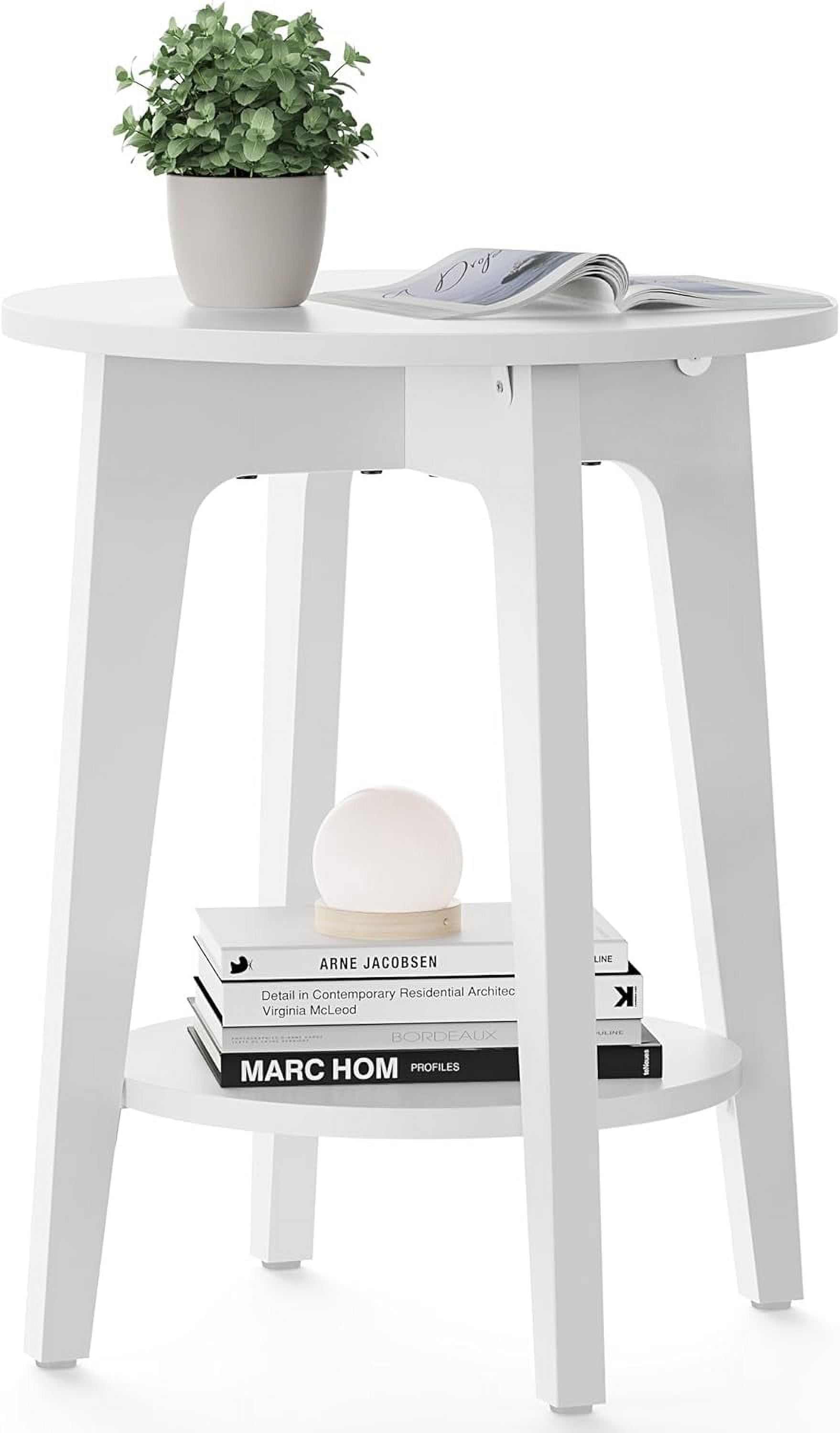 White Round Engineered Wood Modern End Table with Lower Shelf