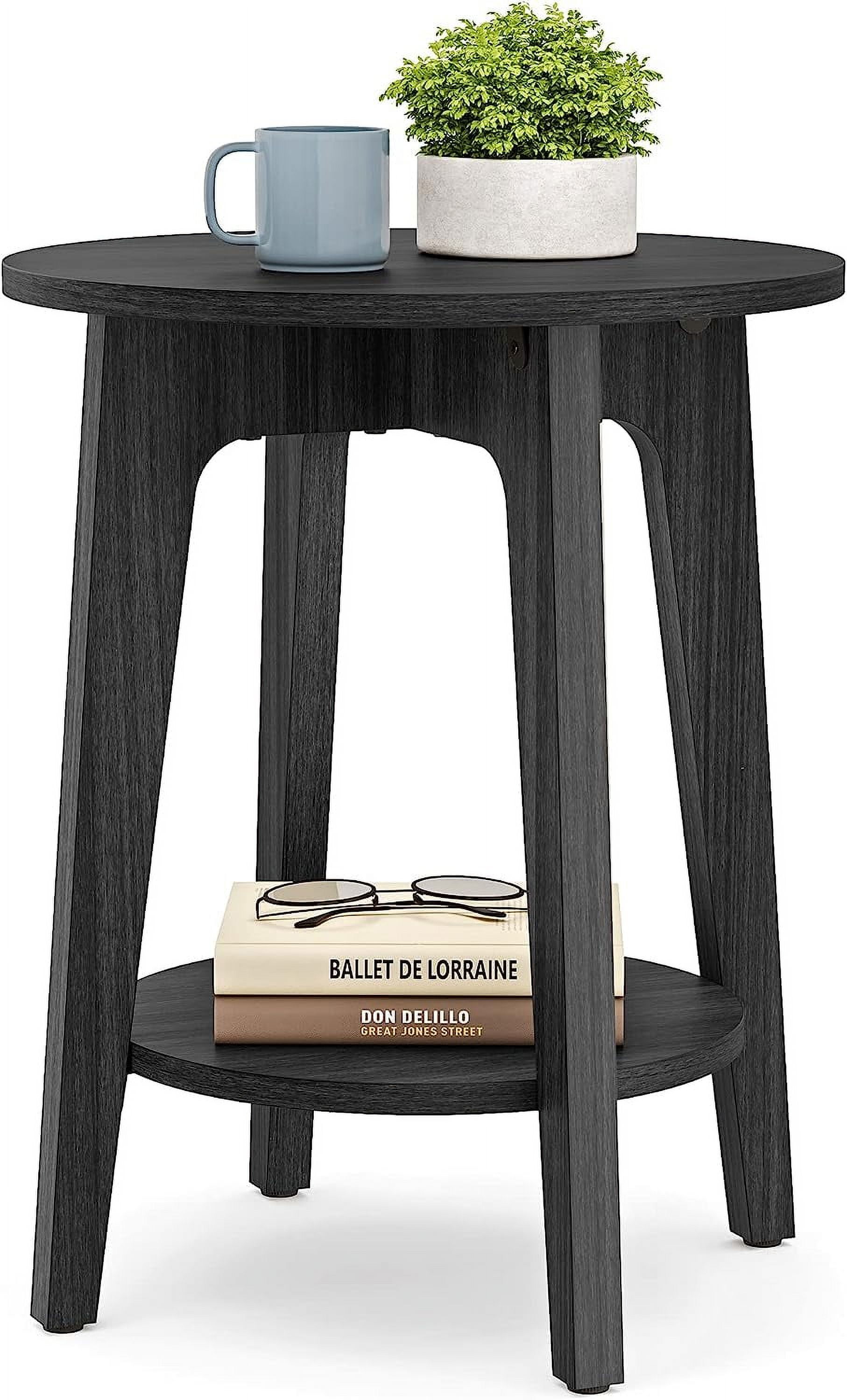 Charcoal Gray Round Particleboard Side Table with Lower Shelf