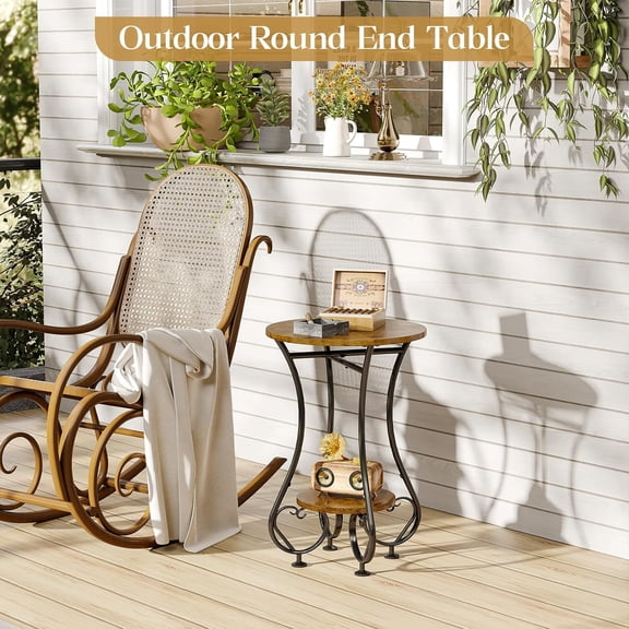 Side Table, Small Round End Table with Lower Shelf for Small Spaces, Rustic Spliced Wood Coffee Table with Metal Frame