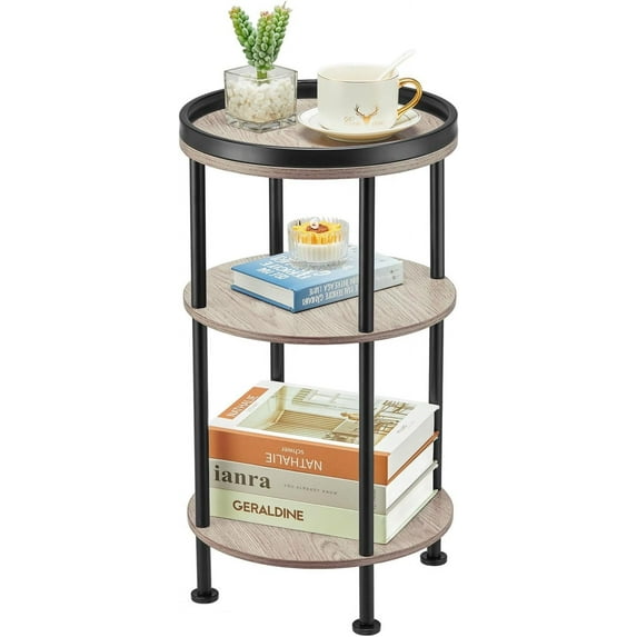 Side Table, Small Round Side Table for Small Spaces, 3-Tier Round Accent Table Slim Side Table, Modern Sofa End Table Corner Table for Living Room Nightstand Bedroom (Oak)