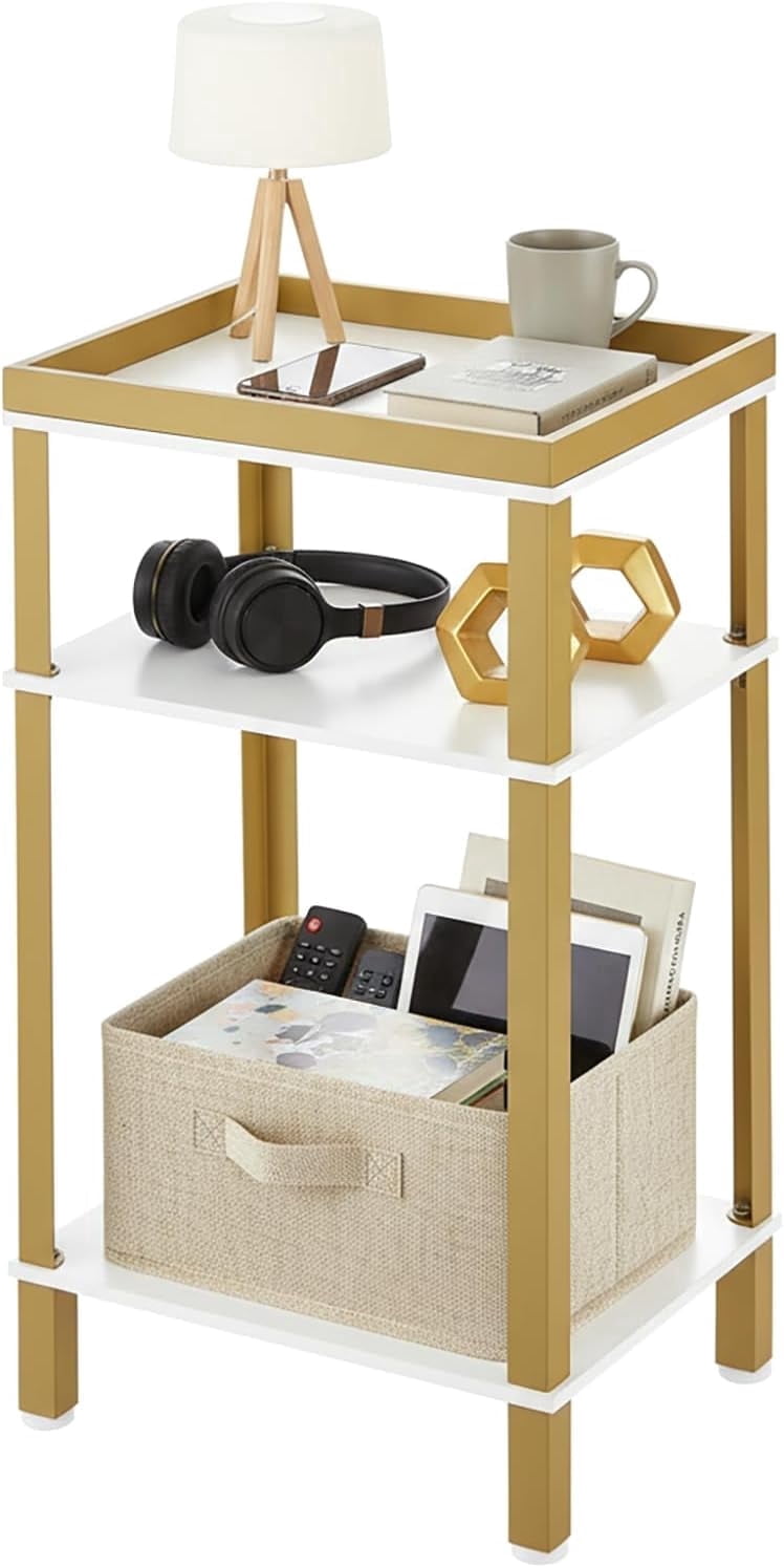 ZEXVIDA Side Table for Small Spaces, 3 Tier End Table with Metal Tabletop Tray Storage Shelf, Small Narrow Thin End Table Bedside Table,Nightstand for Hallway,Living Room,Bedroom (White & Gold)