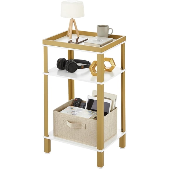 ZEXVIDA Side Table for Small Spaces, 3 Tier End Table with Metal Tabletop Tray Storage Shelf, Small Narrow Thin End Table Bedside Table,Nightstand for Hallway,Living Room,Bedroom (White & Gold)