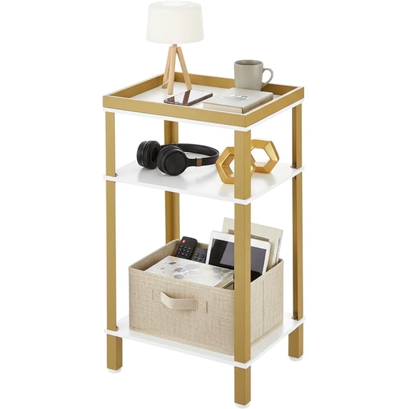 ZEXVIDA Side Table for Small Spaces, 3 Tier End Table with Metal Tabletop Tray Storage Shelf, Small Narrow Thin End Table Bedside Table,Nightstand for Hallway,Living Room,Bedroom (White & Gold)