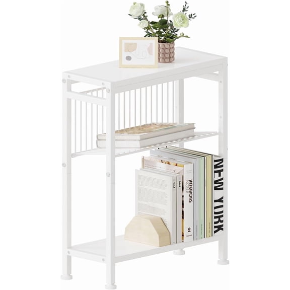 Side Table for Small Spaces, Narrow End Table with Magazine Holder, 2 in 1 Design Slim Side Table, Skinny Nightstand for Living Room Bedroom, Thin Side Magazine Table, White