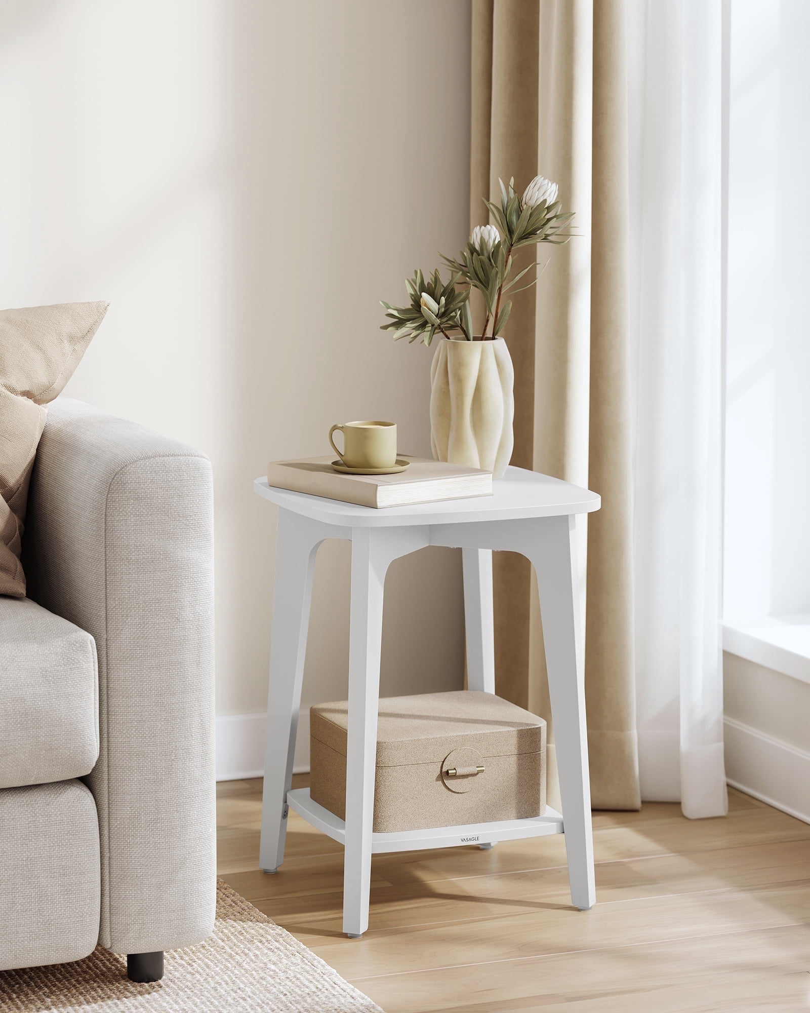 VASAGLE Side Table, Small Square End Table with Lower Shelf, Nightstand for Small Spaces, Cloud White