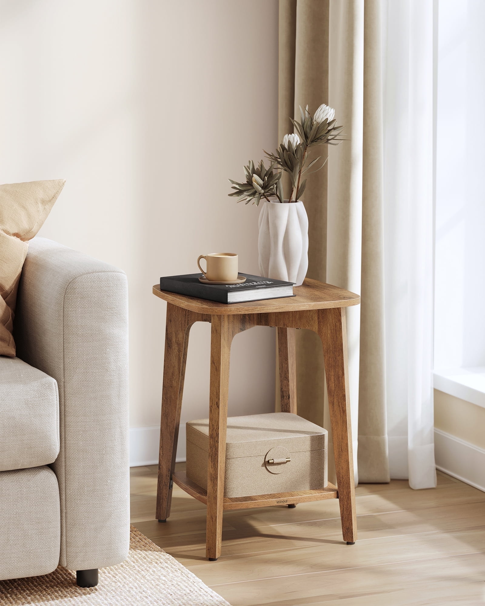 Side Table, Small Square End Table with Lower Shelf, Nightstand for Small Spaces, Honey Brown