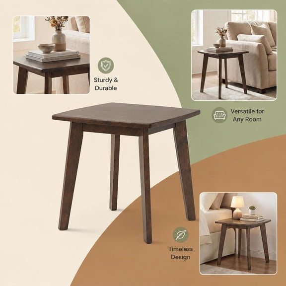 Side Table, Square End Table with Thickened Top, Curved Edge, Walnut Solid Wood