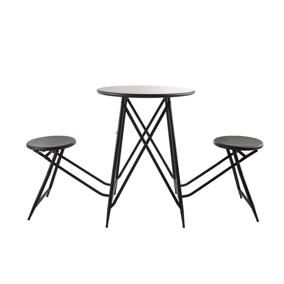 Side Table and Stool Set, Industrial Iron Folding Furniture with 3-Tier Pedestal and Two Seats, Stowable Space-Saving Design, 60.83" x 24" x 32.3", Black Finish for Living Room