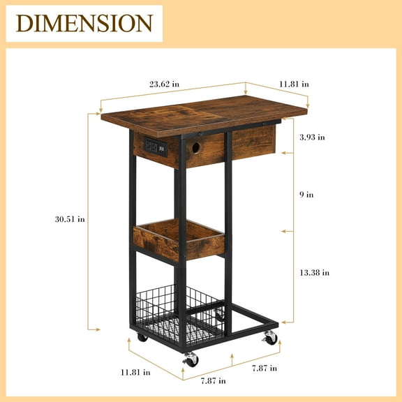 Side Table with Storage Basket, Sofa Side Table, Bedside Table, Bedside Table, Country Style Storage C-Shaped Table Suitable for Living Room, Bedroom, Kitchen, Bathroom, Dining Room, Etc.