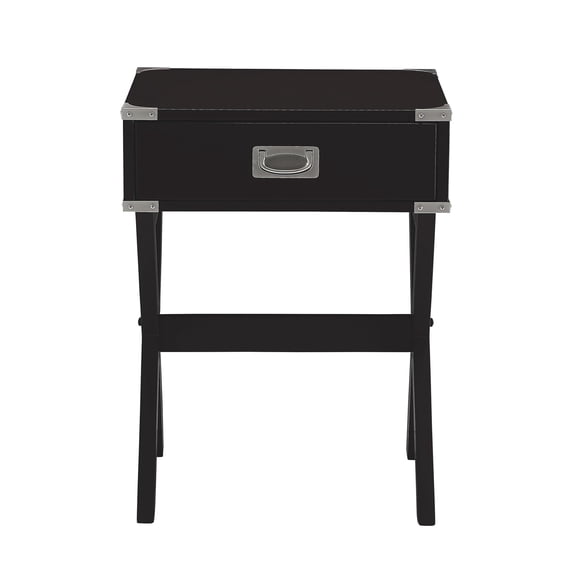 Side Table with Storage Drawer, Square MDF Wooden End Table with Metal Corner Strapping and X-Shape Base Support, Black Accent Table for Primary Living Space, 15" x 9" x 3" Drawer