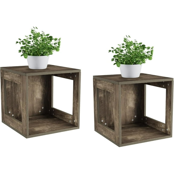 Side Table with Storage - Set of 2 Minimalist Modern Nightstand or End Table with Open Sides - Stackable Modular Accent Table for Bedroom, Living Room, or Office (Gray Woodgrain)