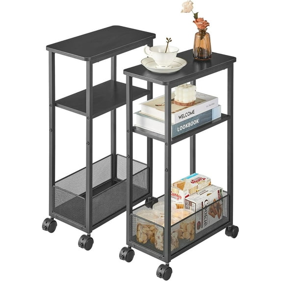 Side Table with Wheels of 2, Narrow Side Table with 3-Layer Storage Shelves, Slim Nightstand, Metal Frame, for Small Spaces, Living Room, Bedroom, 7.9" W x 15.7" D x 25.2" H, Black