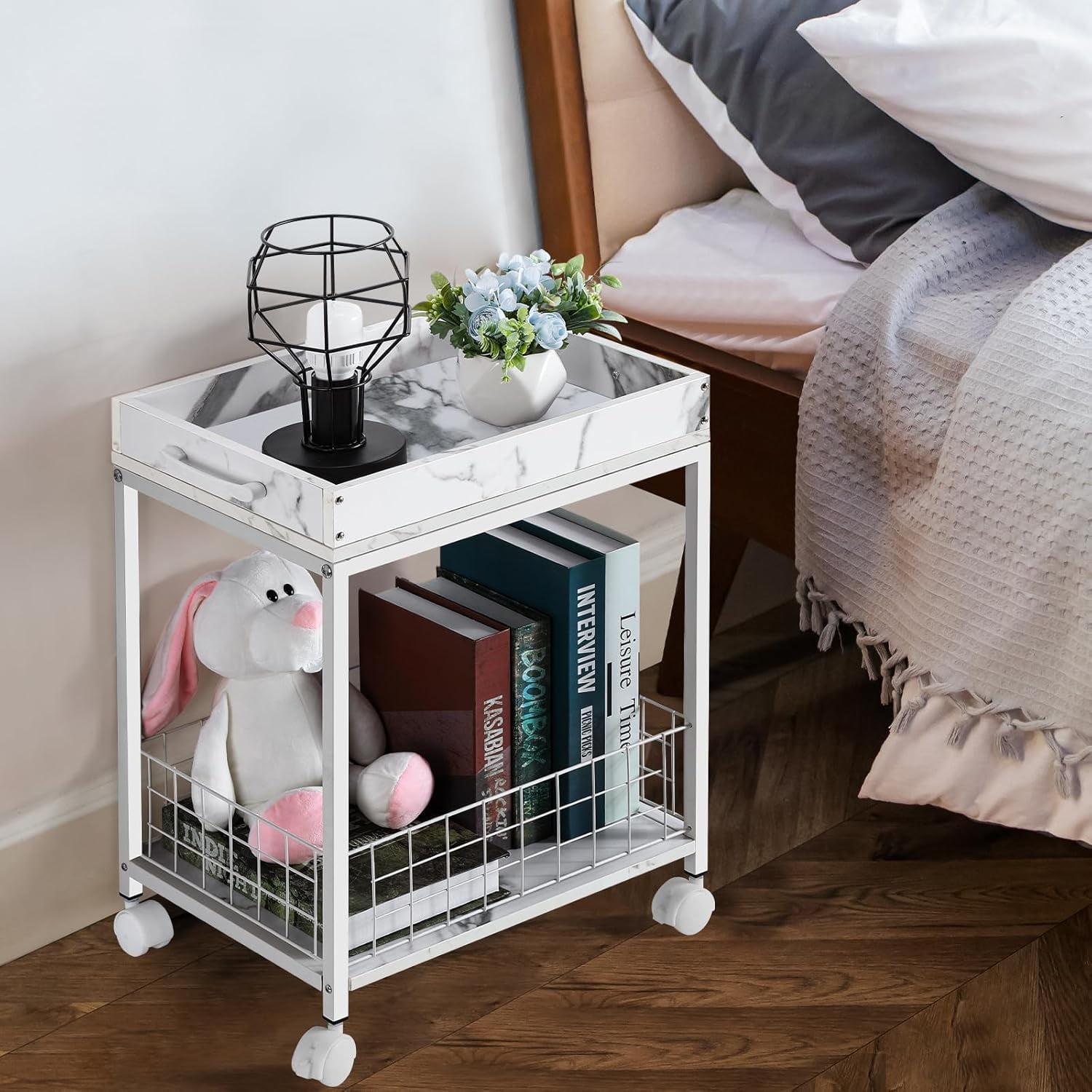 Side Table with Wheels,End Table with Removable Serving Tray ...