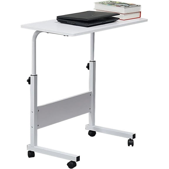 Side Table with Wheels,Snack Side Table with Castors Mobile End Table Height Adjustable Computer Stand Portable Workstation Snack Table for Bed and Sofa Laptop (L, with Baffle, White)