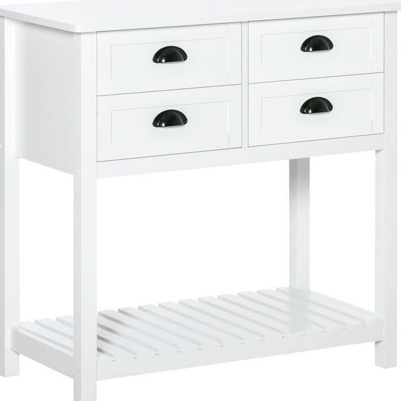 Side Table With 4 Drawers - Slatted Shelf Cabinet In White For Kitchen, Living Room Kitchen Sideboard