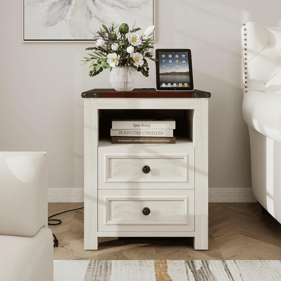 Side Table With Charging Post, Living Room Side Table, Sofa Side Table With Drawers And Storage, Bedroom Bedside Table