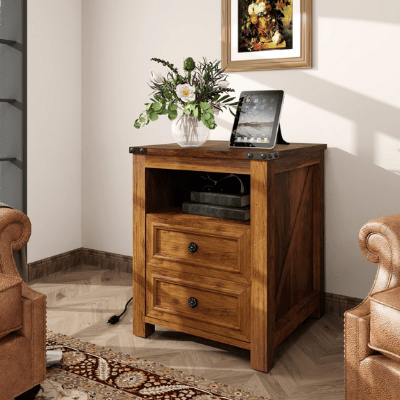 Side Table With Charging Post, Living Room Side Table, Sofa Side Table With Drawers And Storage, Bedroom Bedside Table