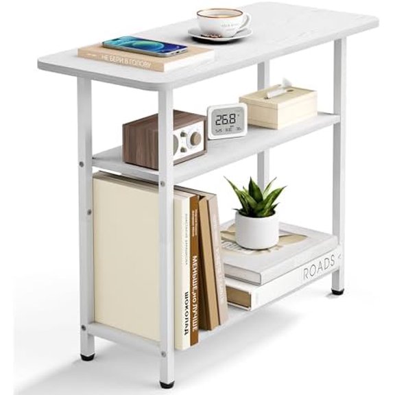 Side Table for Living Room, 3-Tier End Table for Small Space with Wide Storage Tabletop, Elegant White Narrow Nightstand for Bedroom, Sofa Couch