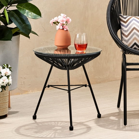 Side Table for Summer Outdoor | Keep Drinks Close by | Rattan with Circular Design | Tempered Glass to Avoid Breakage