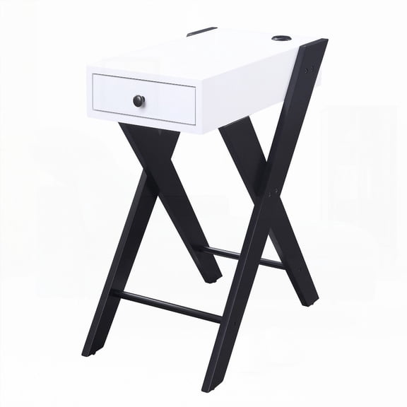 Side Table in White and Black with USB Ports and a Storage Compartment