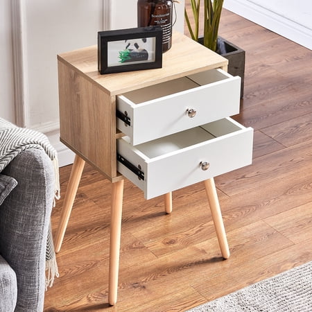 Side Table with 2 Drawer Accent Table End Table,Anti-falling Drawer, Smooth Roller,Contemporary Furniture Home Living Room Wood White