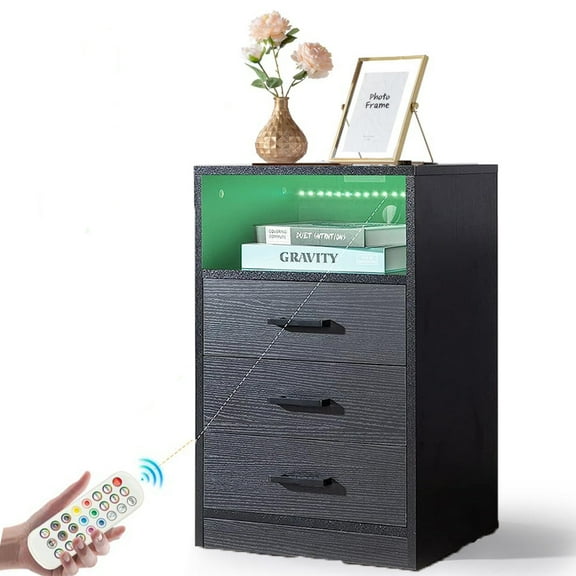 Side Table with 2 Drawers, Nightstand with Charging Station, End Table with LED Light Strip, Modern Style, Black