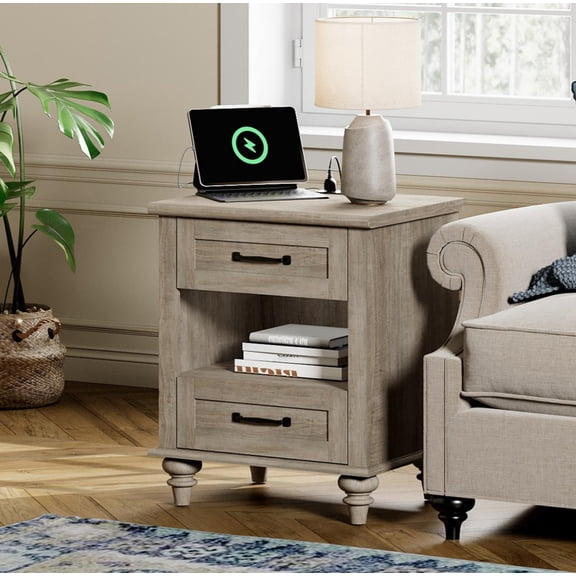 Side Table with 2 Drawers & Open Shelf, Farmhouse End Table with Charging Station, Wooden Nightstand for Bedroom & Living Room, Grey