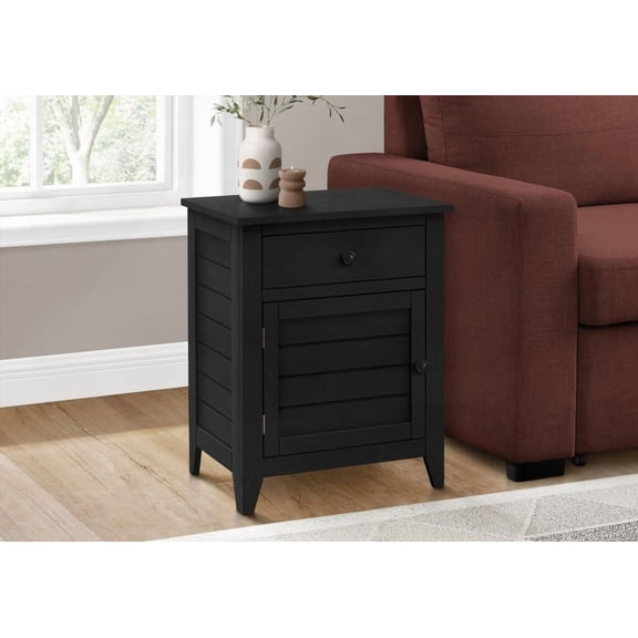 Side Table with 25 Inch Height, Black Veneer, Storage, Transitional for Living Room or Bedroom